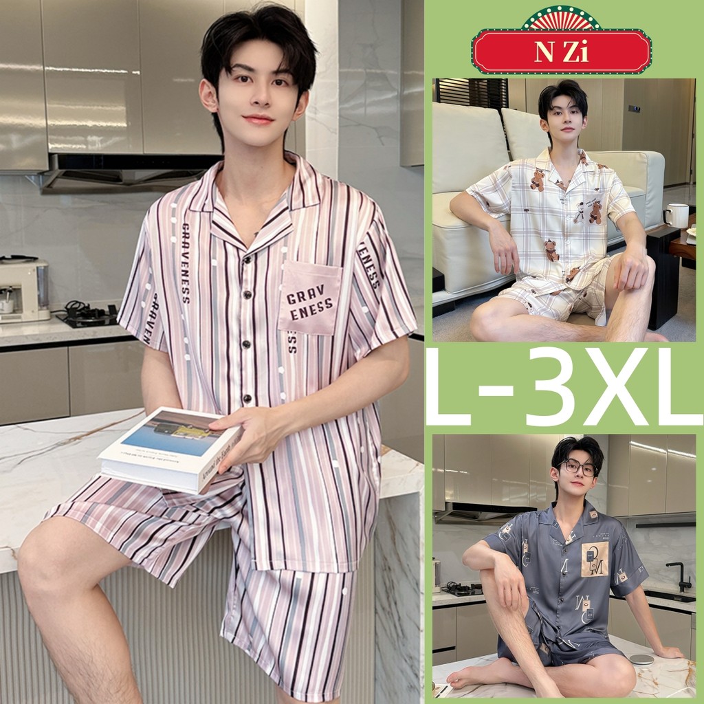 ชุดนอนผู้ชายผ้าไหมซาติน ลายการ์ตูน แขนสั้น หลวม ใส่สบาย ฤดูร้อน L-3XL