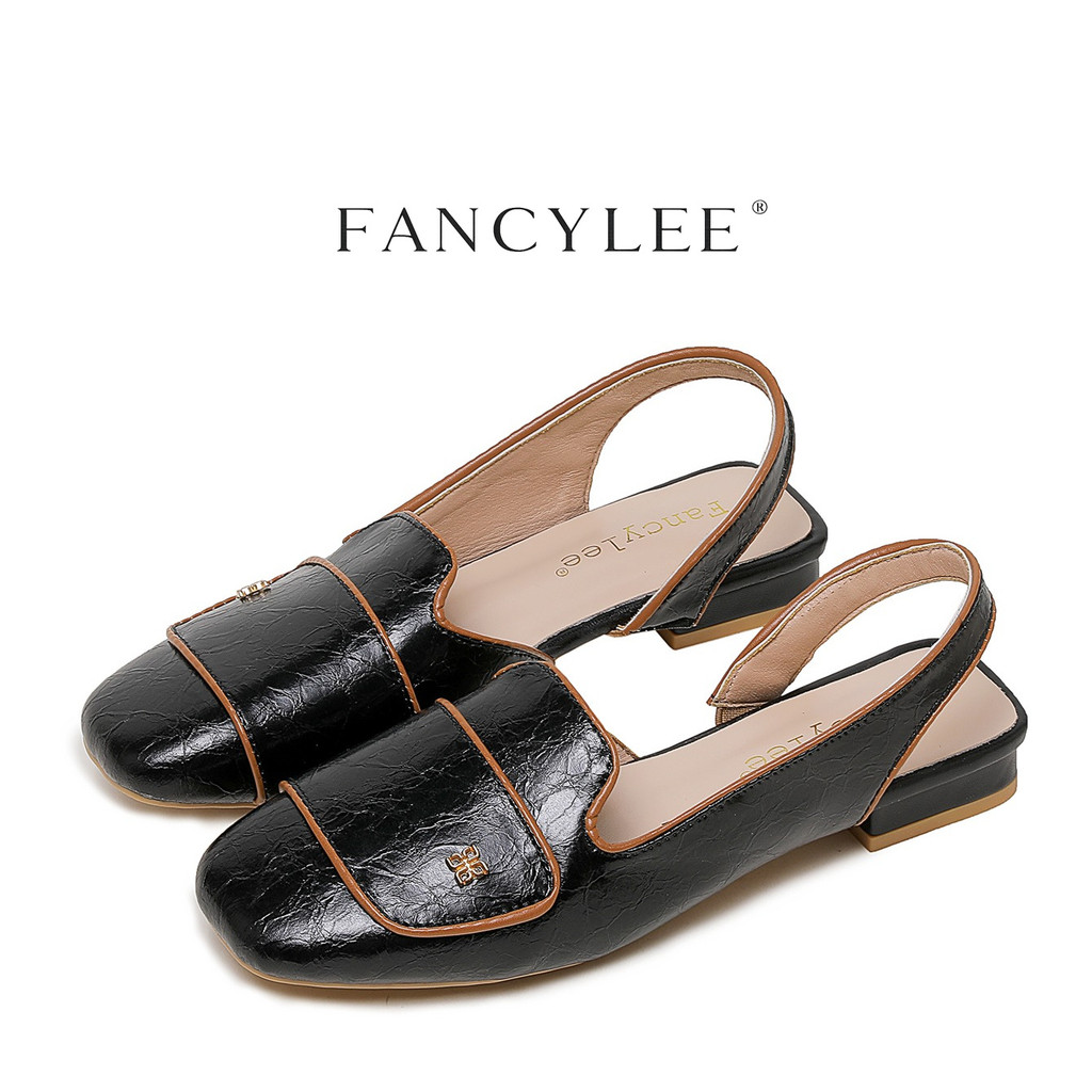 Fancylee สินค้าใหม่ รองเท้าสลิงแบคลูฟเฟอร์ผู้หญิง หัวเหลี่ยมหนังนุ่ม รองเท้าแบนสไตล์ทำงานและใช้ประจำวัน ขอบสีน้ำตาลตัดขอบสองสี