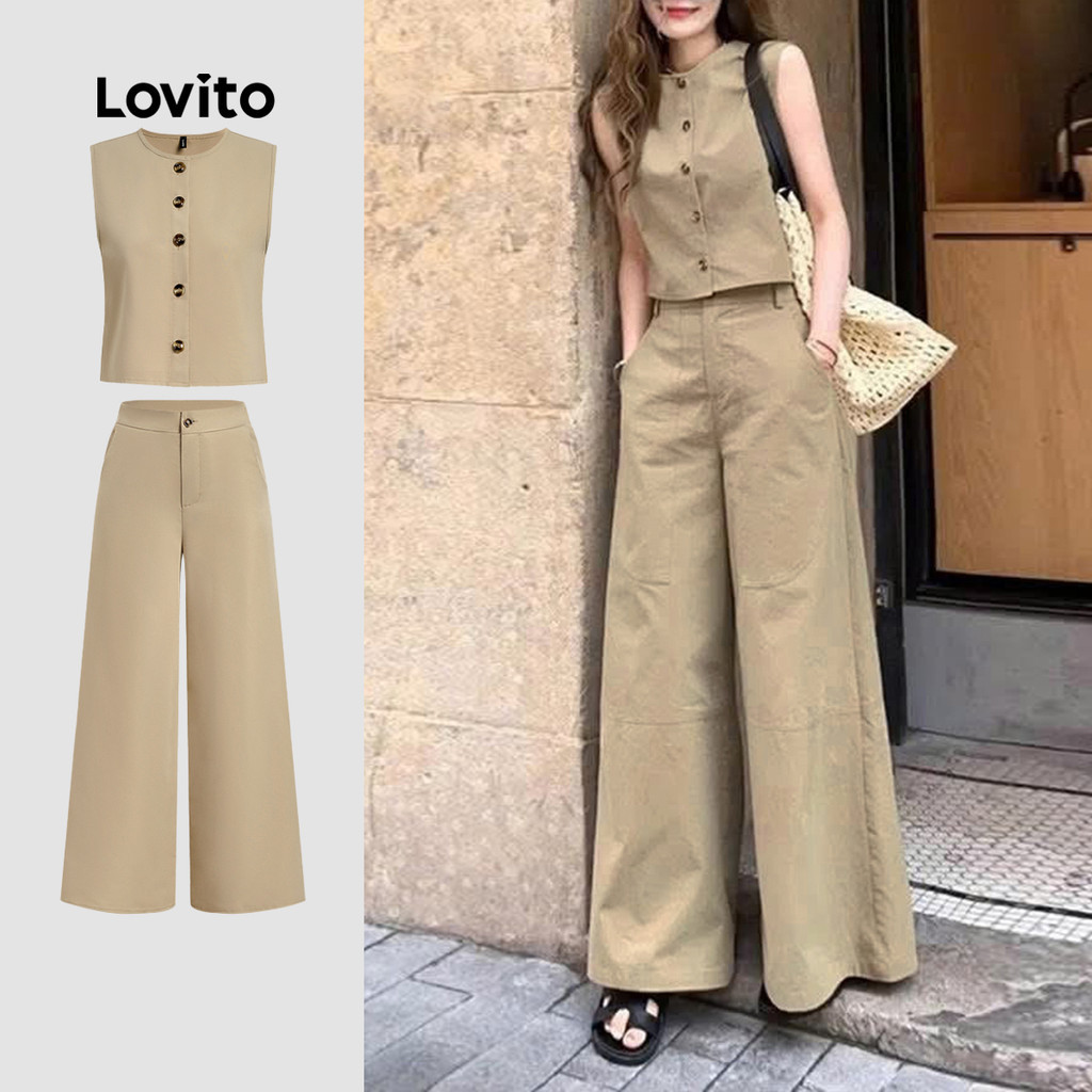 Lovito เสื้อผ้าสบายๆ หรือลงล่าง กางเกงชikusฤดูใบไม้ผลิฤดูใบไม้ผลิ/ฤดูร้อน สีกากี เสื้อหรือกางเกงสำหรับผู้หญิง LBL29191