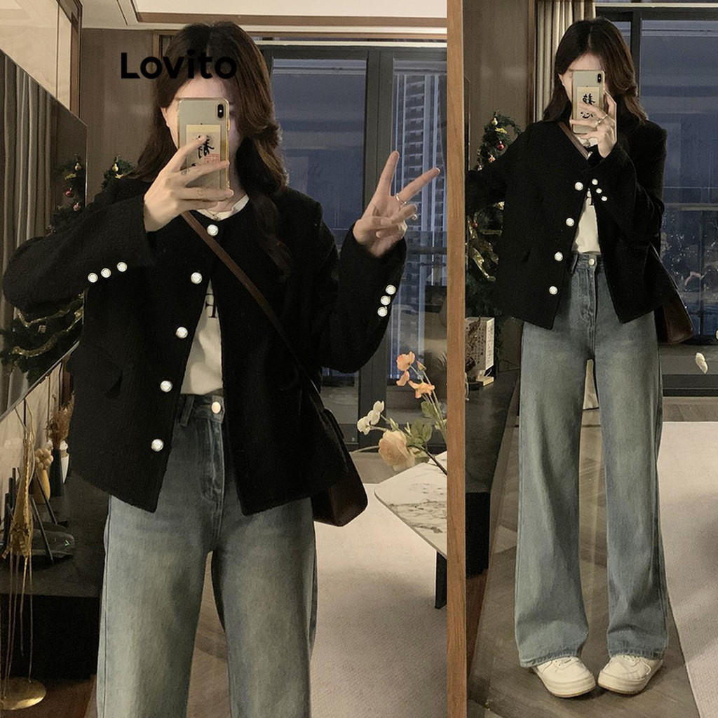 Lovito เสื้อแจ็คเก็ตลําลองเสื้อแจ็คเก็ตลายธรรมดาสําหรับผู้หญิง LNA73411