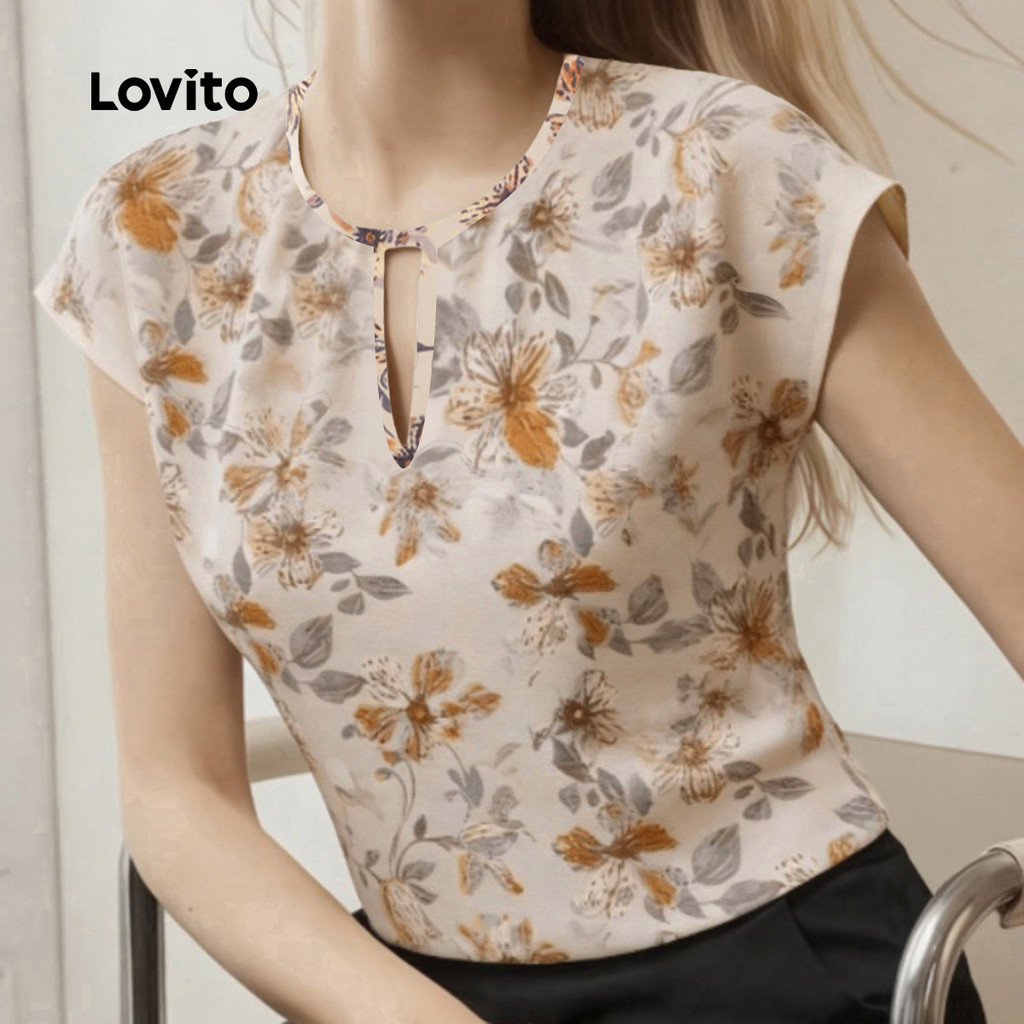 Lovito  เสื้อโบโฮลายฉลุจับจีบสําหรับฤดูใบไม้ผลิ/ฤดูร้อนสําหรับผู้หญิง LK3ED1927