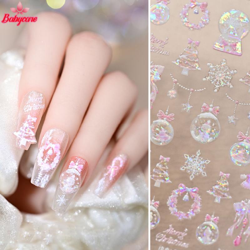 <BYCE-t> Snowflake Christmas Tree Nail Art Stiers น่ารัก Snowflake Stars Self-Adhesive Nail Art Stiers 5D นูนเล็บ Stier