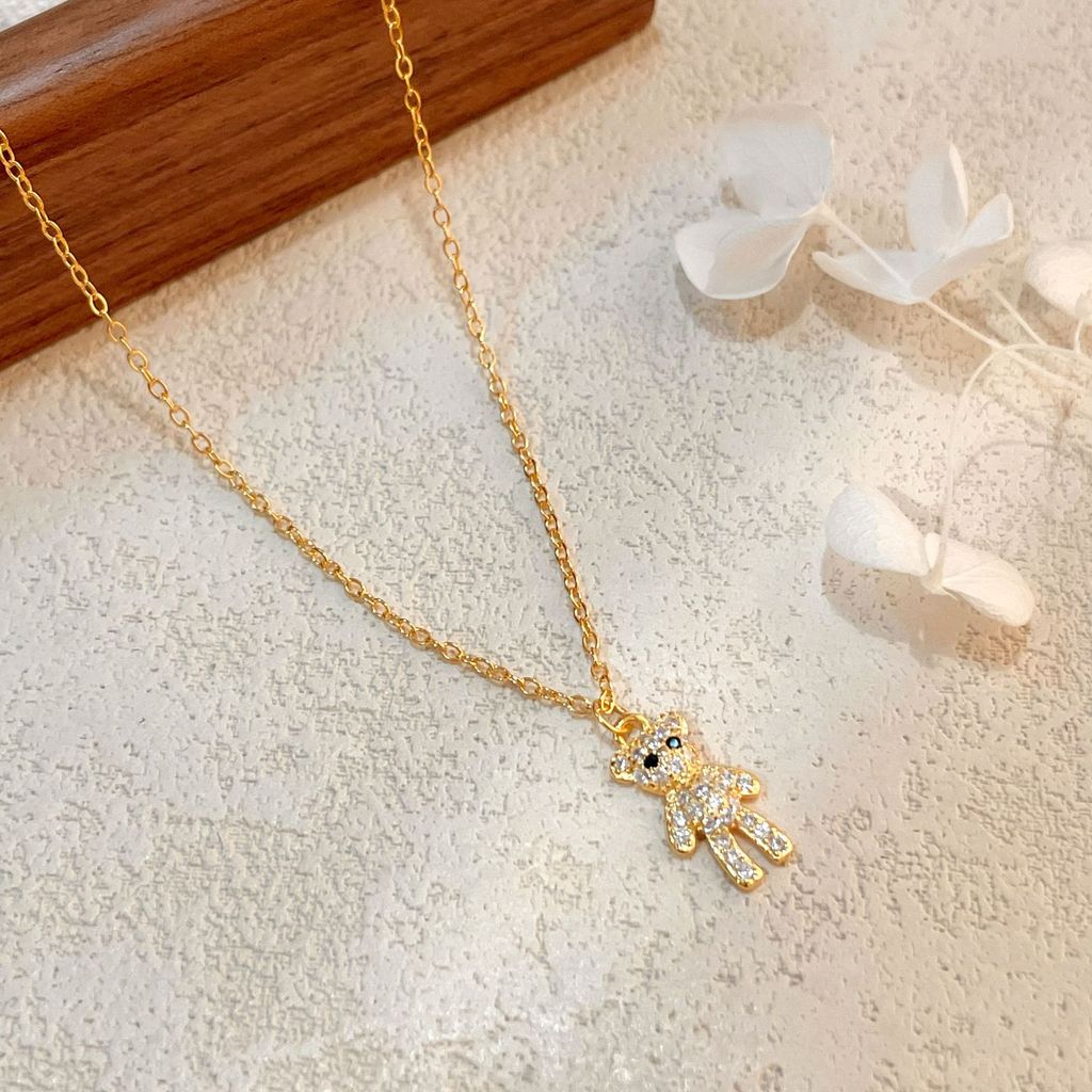 100% ส925 เงินสเตอร์ลิงกระพริบเพชรหมีจี้สร้อยคอแฟชั่นหวานเย็นสไตล์กระดูกไหปลาร้าโซ่