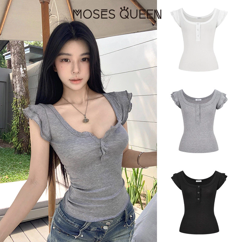MOSESQUEEN มอสส์ ราชินี ปุ่มคอเหลี่ยมตกแต่ง แขนสั้น สไตล์หวานและเย็น พื้นฐานหลากสีสำหรับวันสบายๆ #63467