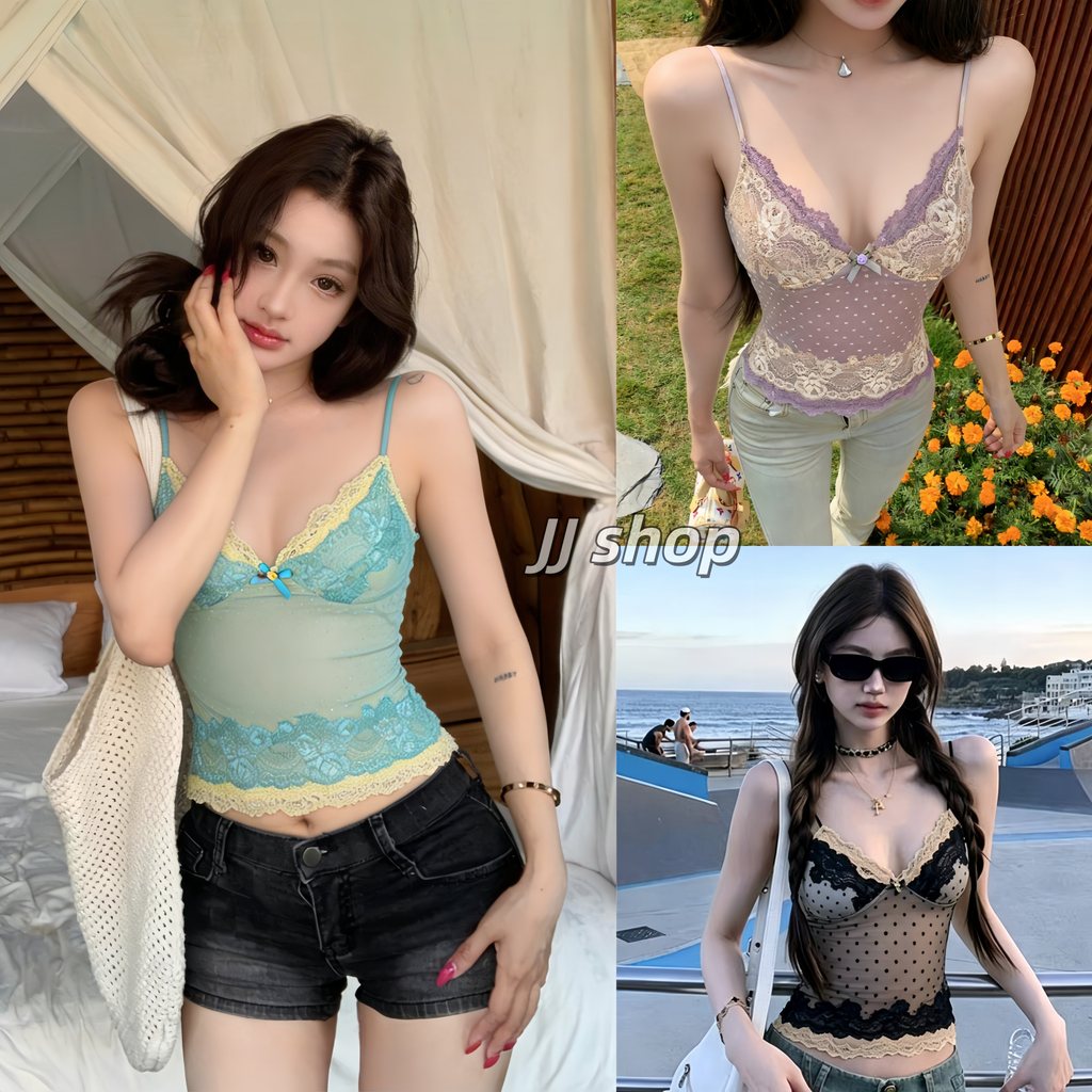 JJ Shop​ พร้อมส่ง เสื้อสายเดี่ยวลูกไม้แฟชั่นผู้หญิง คอวีผูกโบเข้ารูปร่างช่วยให้ดูผอม ผ้านุ่ม-FY7011