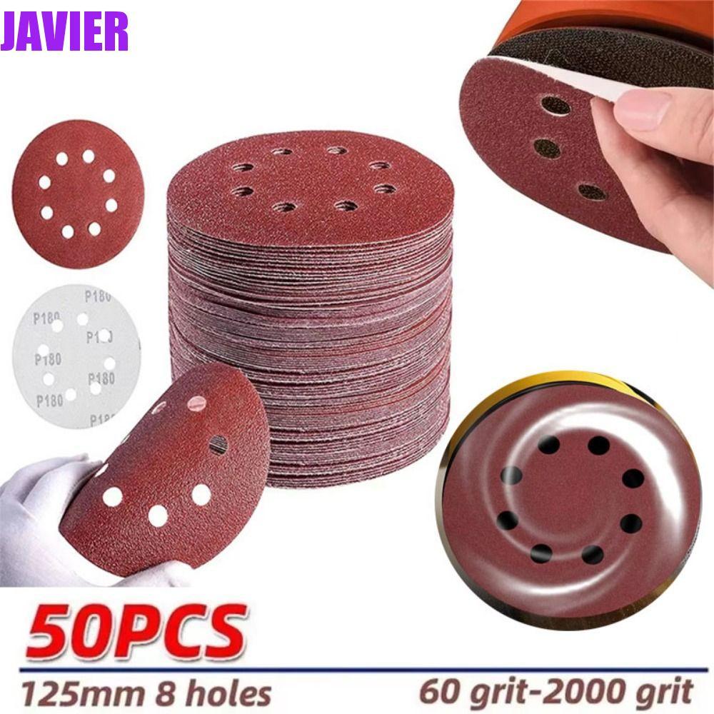 JAVIER 50 ชิ้น Orbital Sander Pads, 5 นิ้ว 8 หลุมกระดาษทราย, Sander อุปกรณ์เสริมแผ่นขัด 40-200 กรวด 