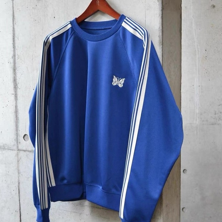 KI3C Needles Track crewneckshirtroyal Butterfly Embroidered Blue Crew Neck Pullover Sweatshirt
