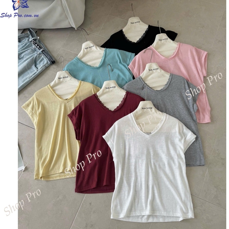 เสื้อยืดผู้หญิงคอวีลูกไม้หรูหรา QC Shop Pro TH49