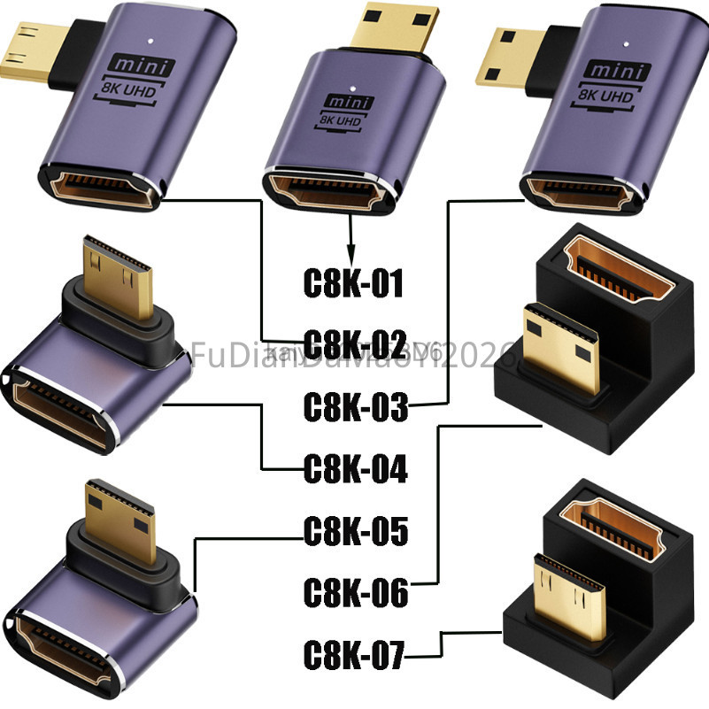 FUDIANDA HDMI หญิง C8K-01หัวตรง/- C8K-07 ถึง Mini Micro พร้อมไฟรองรับอะแดปเตอร์ความละเอียดสูง 8K อะแ