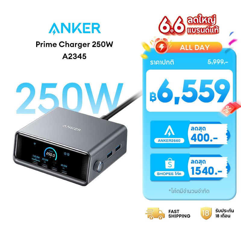 Anker Prime Charger 250W/200W 6-Ports GaN Prime USB-C Charging Station ใช้งานได้กับ Samsung S26/S26 Ultra/iPhone 17/16
