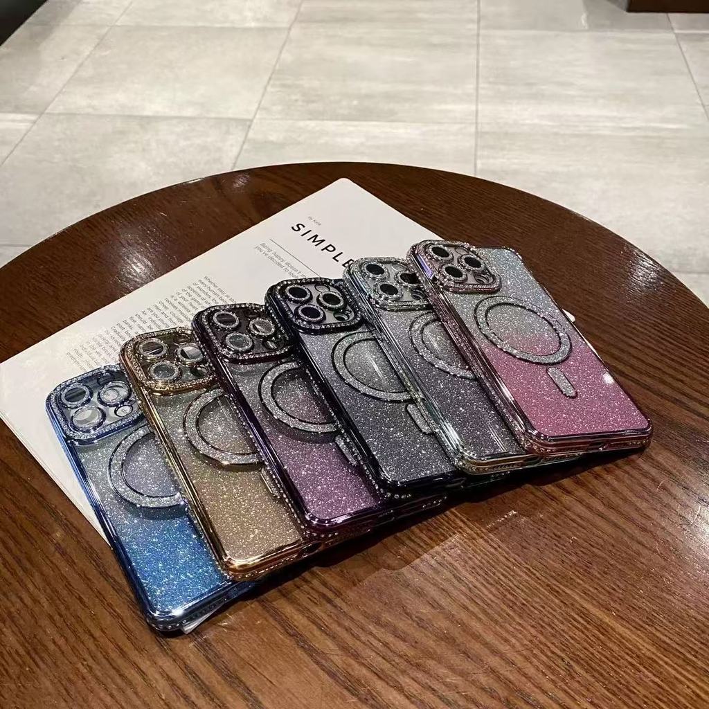 เหมาะสําหรับ 17 ขอบเพชรไฟฟ้าแม่เหล็กแวววาวเคสโทรศัพท์ Rhinestone Apple 17 การป้องกันแบบรวมทุกอย่าง H