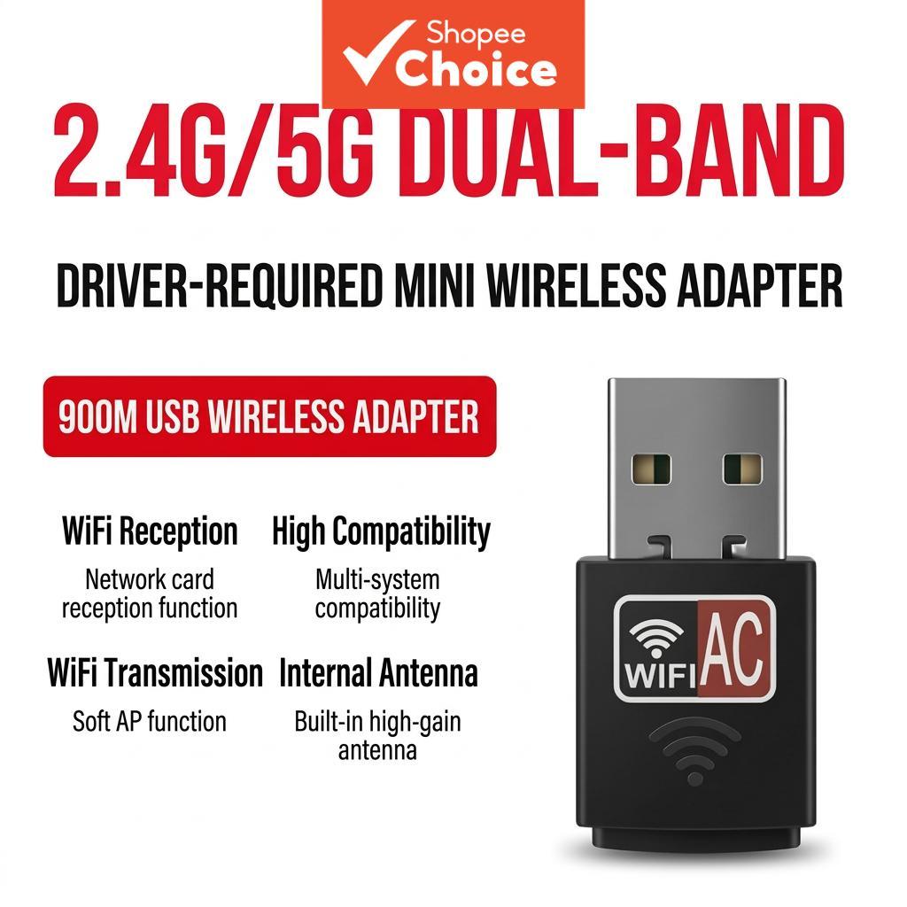 อะแดปเตอร์ USB WiFi แบบดูอัลแบนด์ 900Mbps, WiFi + Bluetooth 4.2 2-in-1 / เวอร์ชันไดร์เวอร์ WiFi แท้, ใช้ได้กับเดสก์ท็อปและแล็ปท็อป, รองรับระบบปฏิบัติการ Windows ทุกรุ่น