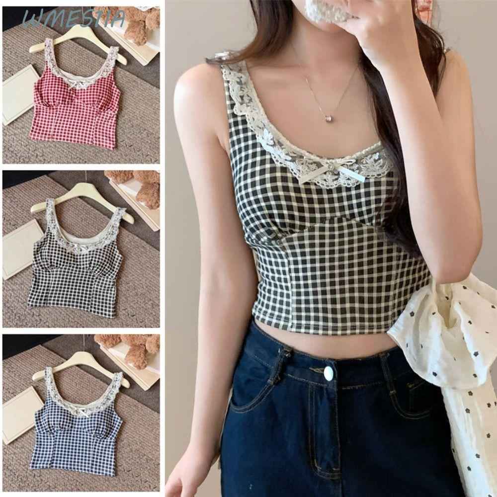 WMES1IA เสื้อกั๊กลูกไม้ด้านบนสาว,หวานลายตาราง Y2k Slim Crop Top, Patchwork Bottoming เสื้อ U คอแขนกุ