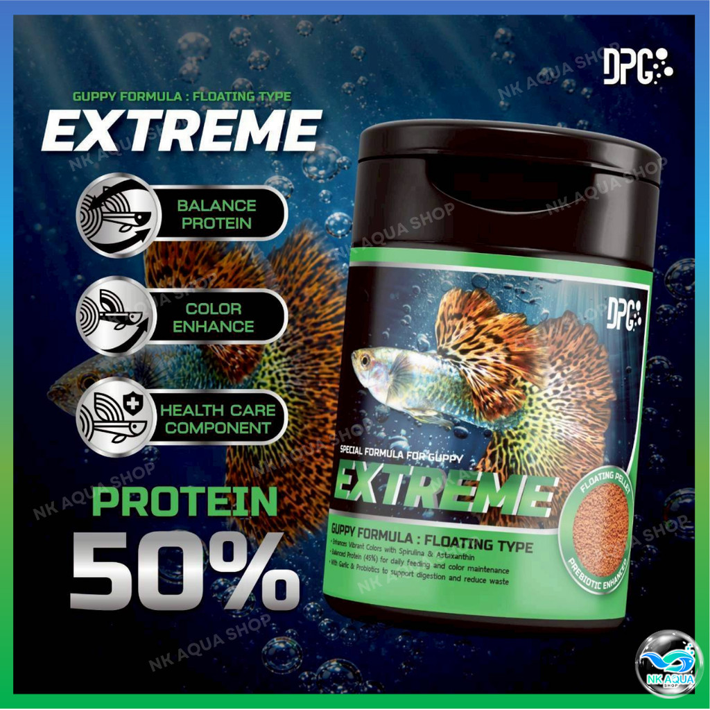 อาหารปลาหางนกยูง เม็ดลอย โปรตีนสูง 50% สูตรเร่งโต เร่งสี DPG EXTREME Guppy Formula