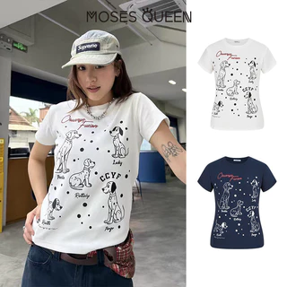 MOSESQUEEN เสื้อยืดแขนสั้นพิมพ์ลายสุนัขลายจุดดั้งเดิมอเมริกันสําหรับผู้หญิงฤดูร้อนเสื้อคอกลมสไตล์ใหม่ #63682