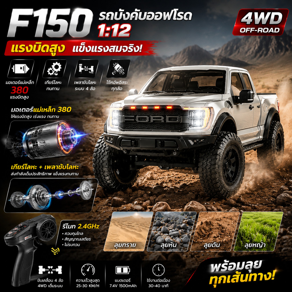 รถกระบะบังคับวิทยุ F150 1:12 รถ RC 4WD ไฟหน้า LED สมจริง ประตูเปิดได้ ของเล่นเด็กและผู้ใหญ่