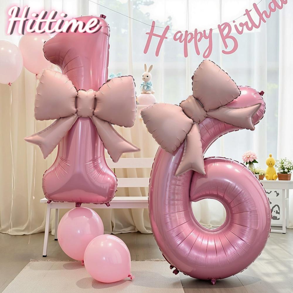 HITTIME 40 นิ้วสีชมพูโบว์จํานวนฟอยล์บอลลูนวันเกิด Decor สําหรับเด็กผู้หญิงs Party Supplies ภาพฉากหลั
