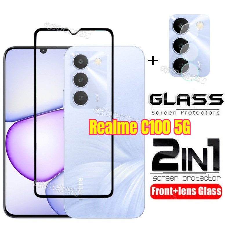 Realme C100 5G 2 ใน 1 ป้องกันหน้าจอ + เลนส์ป้องกันเต็มปกกาวเต็ม เรียวมี100 ฟิล์มกระจกนิรภัยป้องกันด้วยกล้อง ความอิ่ม ป้องกัน