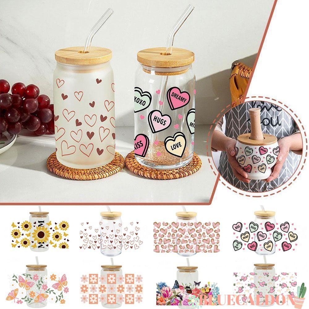 สติ๊กเกอร์พรีเมี่ยม UV DTF Transfers สติกเกอร์,ฟิล์มกันน้ํา Transfer Paper Cup Wraps, Creative Rub บน DIY Decals ดอกไม้พิมพ์ Transfer ถ้วยสติกเกอร์ 16OZ ถ้วยแก้ว BLUECALDON