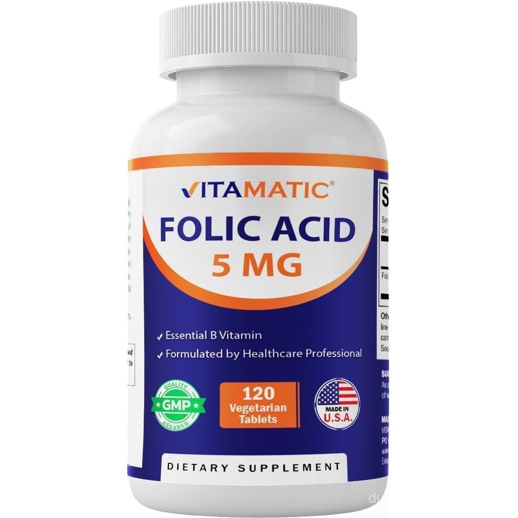 Vitamatic Folic Acid 5mg (5000 mcg) – 120 เม็ดมังสวิรัติ B9 (Folic) สําหรับ Cellular Health Heart po