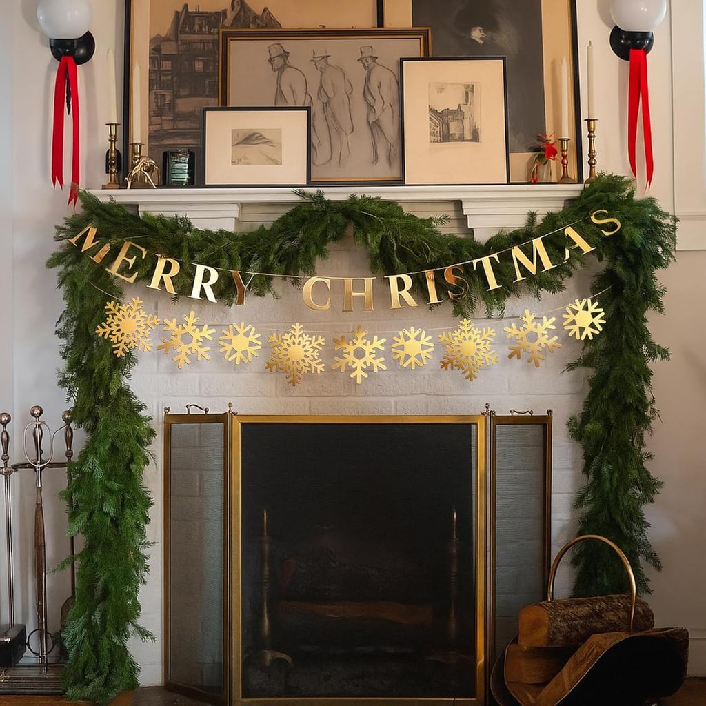 2 ชิ้น 8.2ft Merry Christmas โลหะ Garland และ Snowflake แบนเนอร์ทองเหลือง Finish Gold Christmas Garl