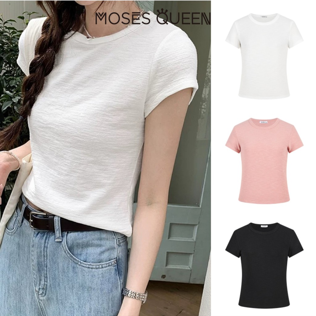 MOSESQUEEN เสื้อคอสายจ๊อกเกอร์แขนสั้นผ้าฝ้ายยับสวยทรงกระชับสีเรียบ สไตล์สตรีทแฟชั่นใหม่สำหรับหน้าร้อน #62955