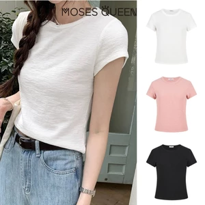MOSESQUEEN เสื้อคอสายจ๊อกเกอร์แขนสั้นผ้าฝ้ายยับสวยทรงกระชับสีเรียบ สไตล์สตรีทแฟชั่นใหม่สำหรับหน้าร้อน #62955
