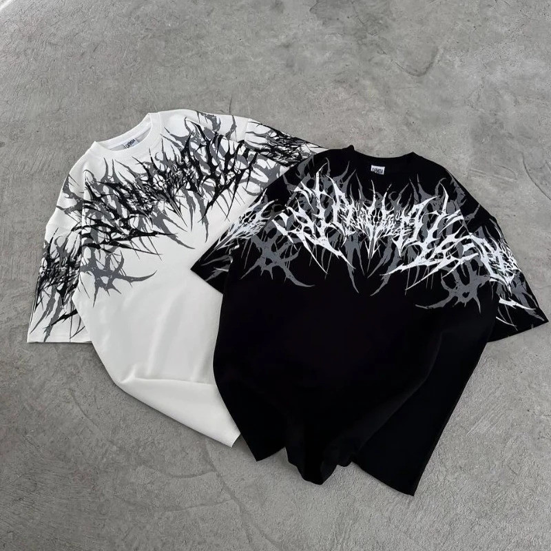 Y2K Cyberpunk Gothic T เสื้อ Edgy Thorn Texture พิมพ์ผ้าฝ้ายแท้ Streetwear แฟชั่นกราฟิก Tee Urban สไตล์สบาย 3D QEAQ