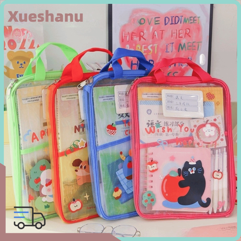 XUESEEE A4 กระเป๋าเก็บเครื่องเขียน,กระเป๋าซิปตาข่ายหนาความจุขนาดใหญ่,สัตว์น่ารักพร้อมที่จับโฟลเดอร์จัดระเบียบโปร่งใสโรงเรียนสํานักงานกระเป๋าเครื่องเขียน
