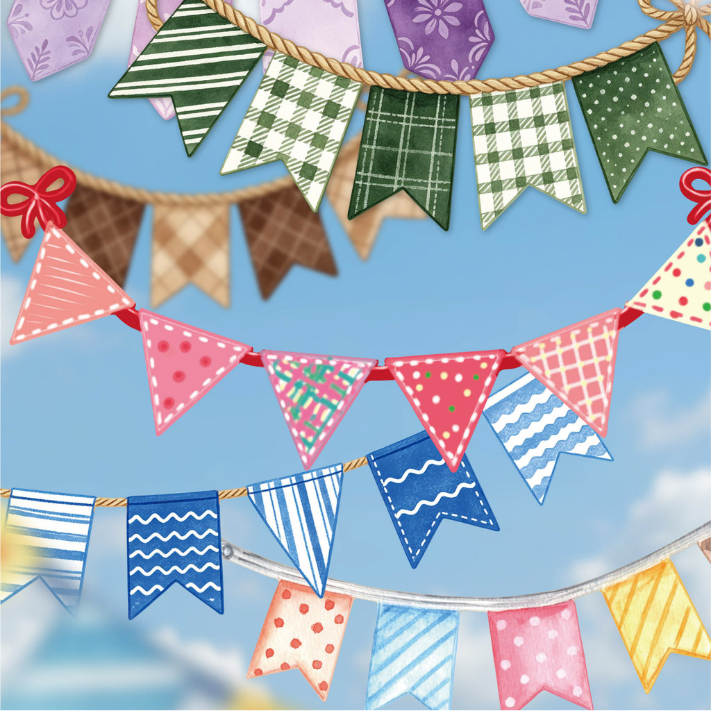 QOUZMO 16PCS Vintage Flag Stickers, Hard Card Self-Adhesive Scrapbook Decals, สีสัน Bunting Journal สติกเกอร์สําหรับบัญชีมือและงานฝีมือ DIY, Vintage Bunting Series