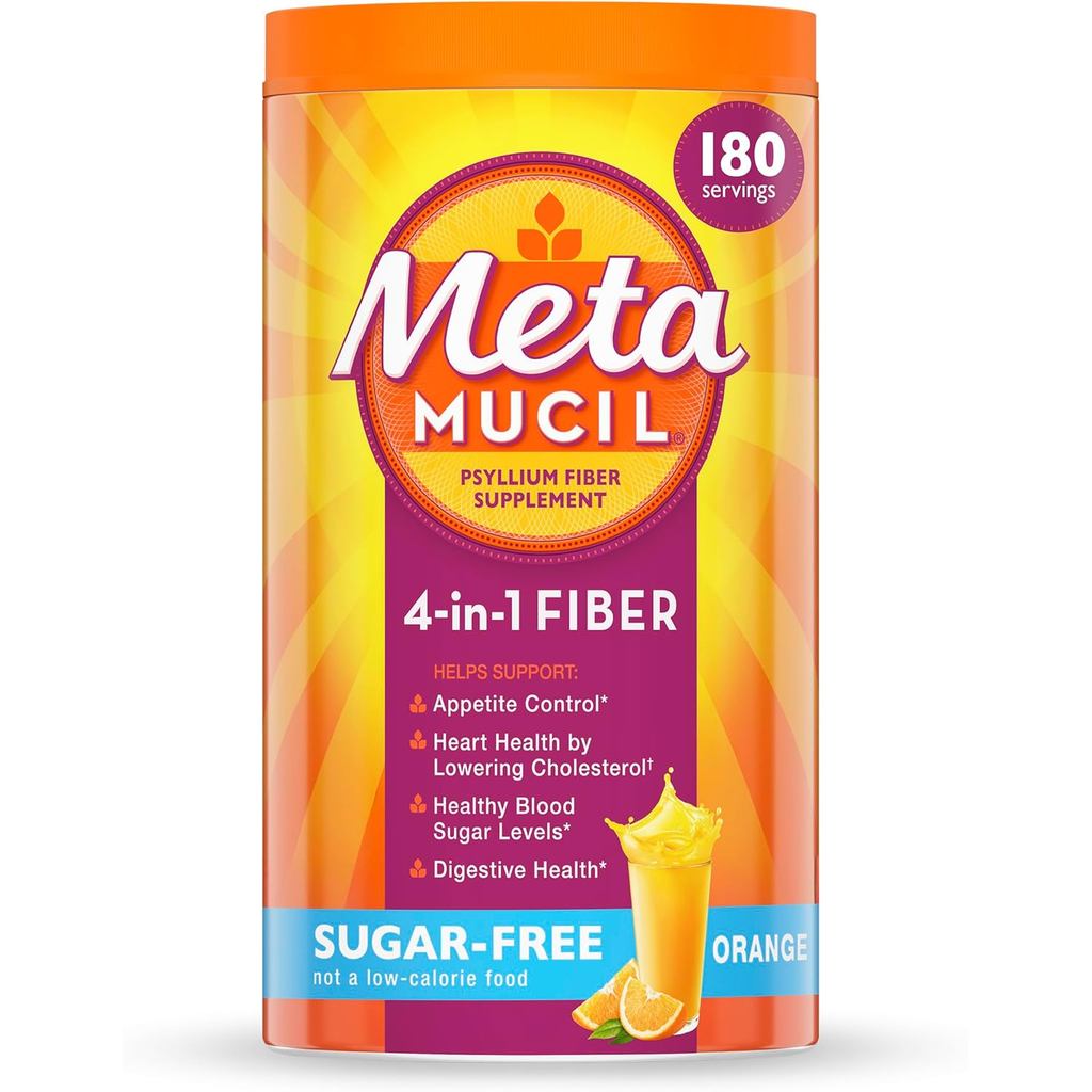 Metamucil 4-in-1 Psyllium Husk GLP-1 Friendly Fiber peoplement, Sugar-Free, 180 ช้อนชา, รสส้ม, ผงไฟเบอร์เพื่อสุขภาพทุกวัน, ทําด้วยพืช-Basium Husyllus