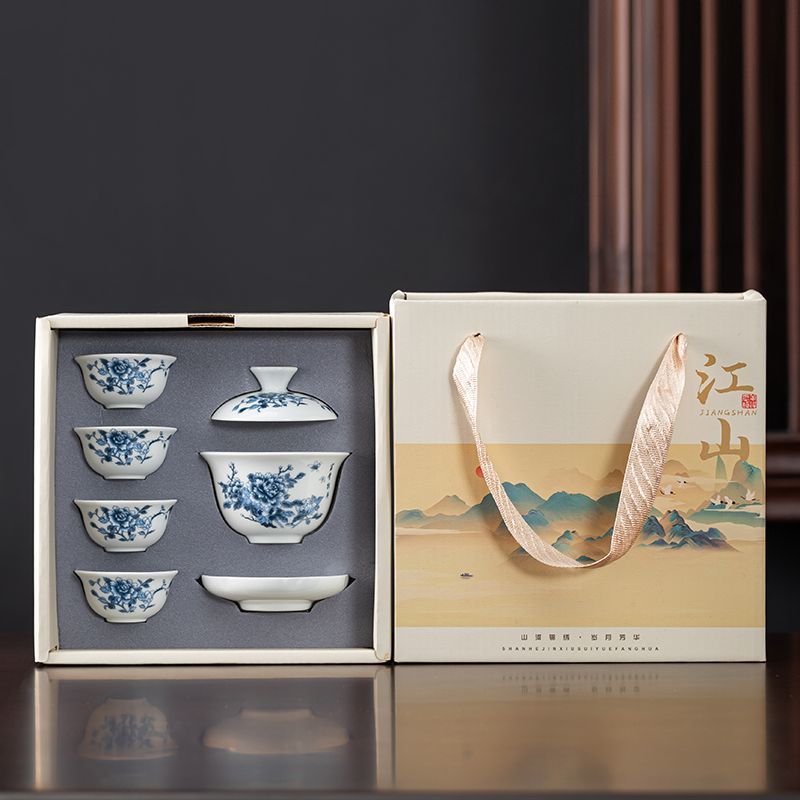 High-End สีขาว Porcelain Kung Fu ชุดชา Gaiwan ถ้วยชาของขวัญกล่องบริษัทของขวัญที่กําหนดเองโลโก้ของที่ระลึกเซรามิค