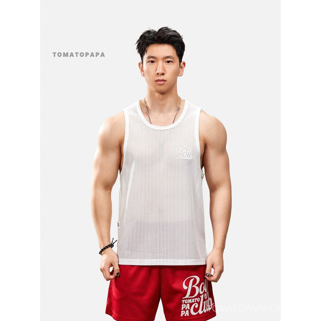 TOMATOPAPA Mens Simple Vest-Hollow ทอตาข่ายระบายอากาศกีฬาฟิตเนส Leisure Sweat Vest