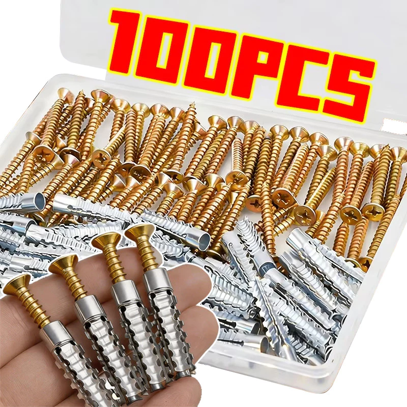 100 ชิ้นสกรูแตะตัวเองหยัก - Wall Anchor โลหะขยายหลอดท่อเจาะปลั๊ก Fastener Bolt Kit