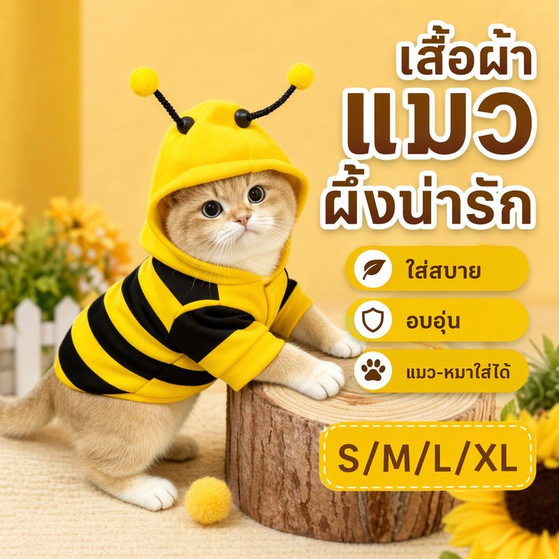 เสื้อแมว เสื้อสุนัข เสื้อกันหนาวสัตว์เลี้ยง เสื้อฮู้ดผึ้ง ผ้าขนสัตว์ นุ่มอุ่น น่ารัก ไซส์ S M L XL