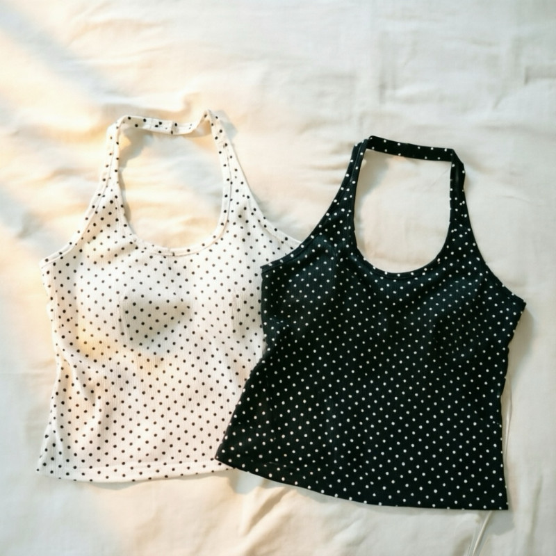 (M-3XL)เสื้อกล้าม ลายจุด สไตล์ไทย ฟองน้ำในตัว หลังโปร่ง ร้อนแรง ฤดูร้อนนี้ต้องมี!