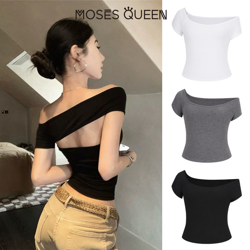 MOSESQUEEN เสื้อยืดแขนสั้นแบบสายคล้องไหล่ สีดำ ออกแบบเฉพาะตัว สวมแล้วดูเซ็กซี่และกระชับ เหมาะสำหรับสวมใส่ประจำวันหรือออกงานกลางแจ้ง #63436