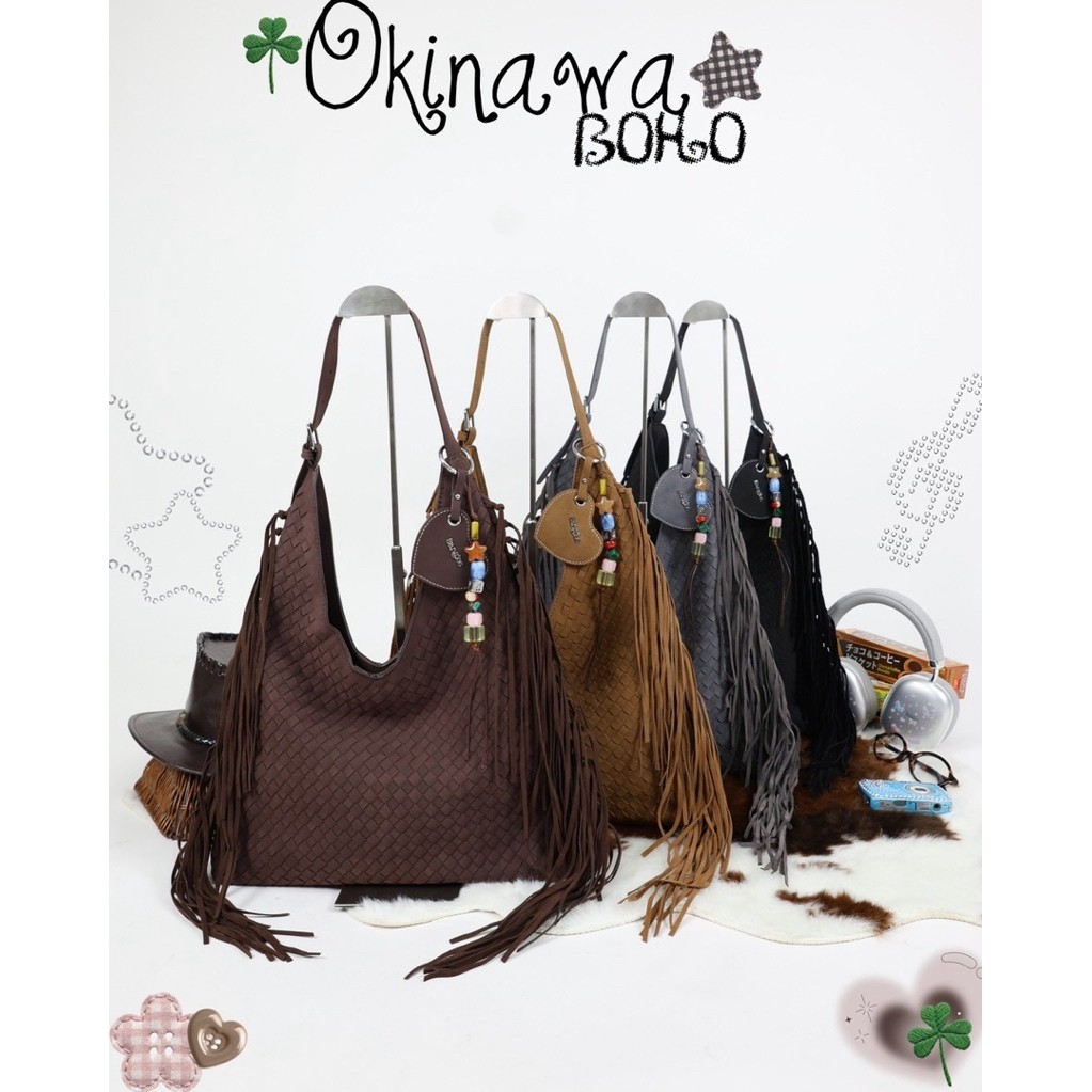 8anglesshop-🌊💫 Okinawa Boho bag ขนาด14 นิ้ว ใส่Ipad/A4ได้ หนังสานมือ Handmade🌙🛵  E051