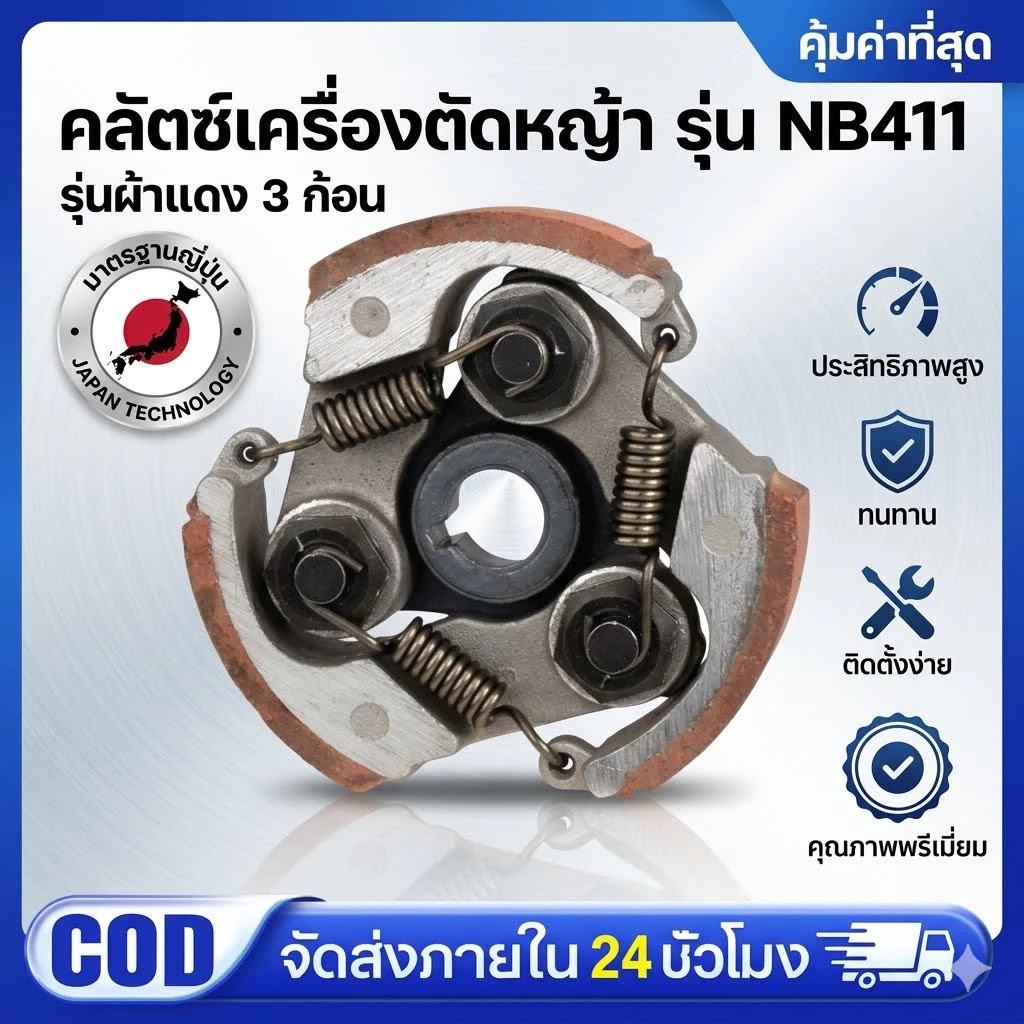 COD ครัชตัดหญ้า411 คลัทช์ NB RBC 411 เครื่องตัดหญ้า ครัช (แบบ 3 ก้อน) ผ้าแดงทนทาน สปริงอย่างดี รอบมาไว คลัช ขาเหล็ก