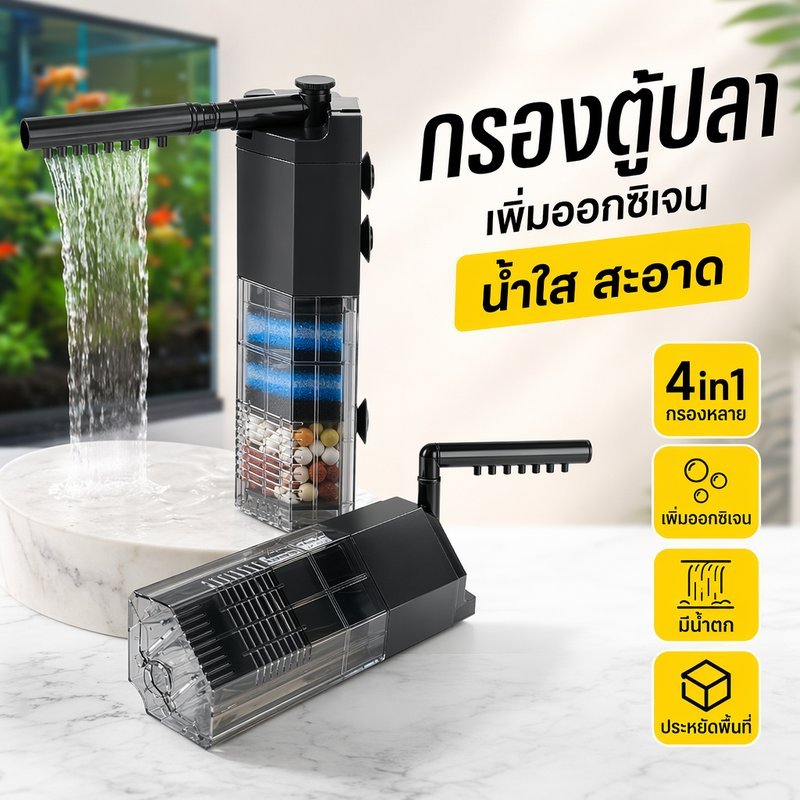 กรองตู้ปลา ปั๊มกรองน้ำ 4in1 เพิ่มออกซิเจน น้ำตก กรอง3ชั้น ตู้ปลา เต่า น้ำใส เงียบ ประหยัดพื้นที่