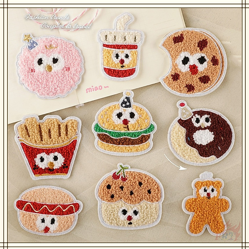 ✿ อาหารผ้าขนหนูตลก - ชิป / คุกกี้ / Doughnut / Hotdog / แพทช์สติกเกอร์ติดด้วยตนเองแฮมเบอร์เกอร์ ✿ 1 ชิ้น DIY เย็บบนเหล็กบนป้ายเสื้อผ้าเย็บปักถักร้อย