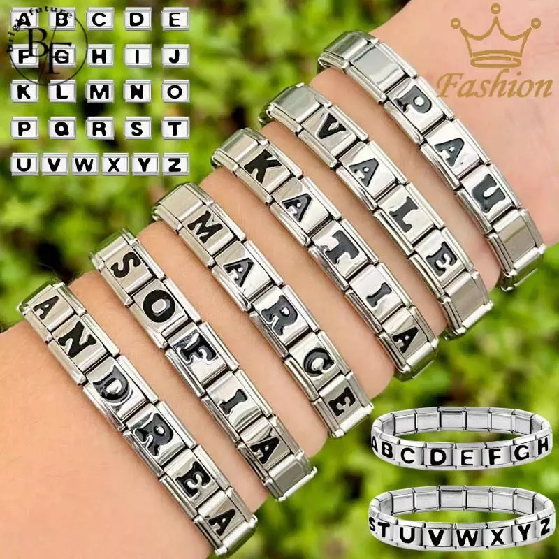 แฟชั่นตัวอักษรภาษาอังกฤษสีดําอิตาเลี่ยน Charm สร้อยข้อมือ Fit 9 มม.สร้อยข้อมือสแตนเลสเครื่องประดับทําอุปกรณ์ DIY Retro บุคลิกภาพโมดูลสร้อยข้อมือ