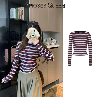 MOSESQUEEN เสื้อสูงสุดแบบคอเปียก ลายเส้นดินเผา รูปแบบสกรีน ผ้าบาง ตัวเตี้ย แขนยาว สำหรับผู้หญิง รูปแบบเรโทร ใส่สบายในชีวิตประจำวัน เหมาะสำหรับเดินทางทั่วเมือง ใช้ได้ทั้งในและนอกบ้าน #59895