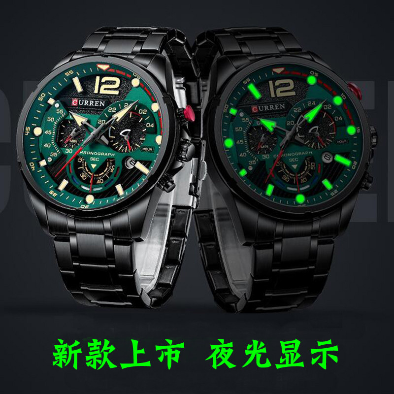 CURREN CURREN มัลติฟังก์ชั่น Luminous Quartz นาฬิกาผู้ชายหกมือ Chronograph กันน้ํา Klein Blue