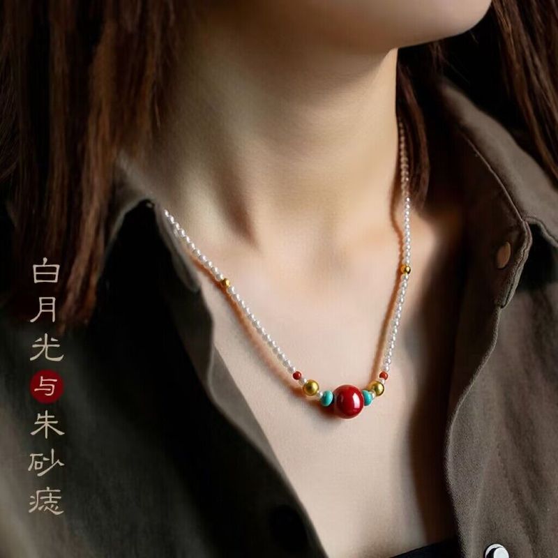 Handmade Mother-Oyster Pearl Fidelity Cinnabar สร้อยคอ Clavicle CHAIN Niche High-End All-Match เสื้อ