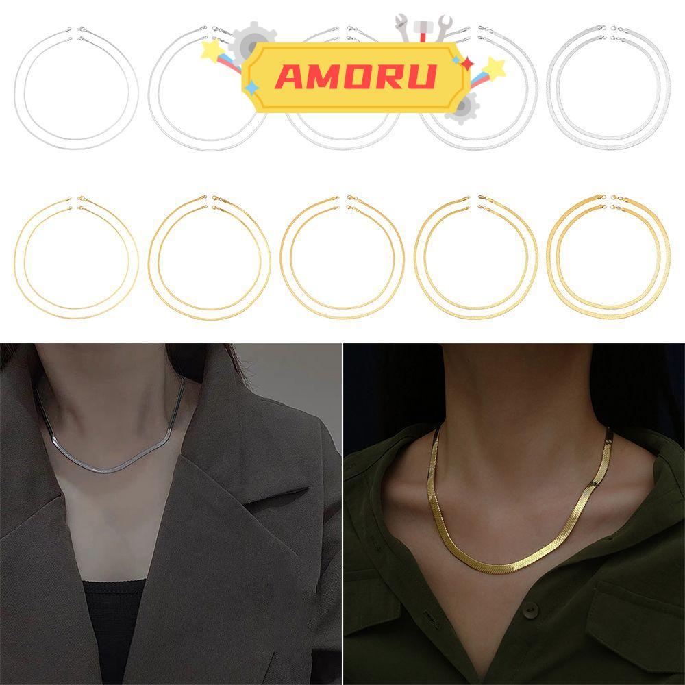 AMOR12U7 18"/20" สร้อยคอ Herringbone ยืดหยุ่น Choker ของขวัญเครื่องประดับทอง/เงิน