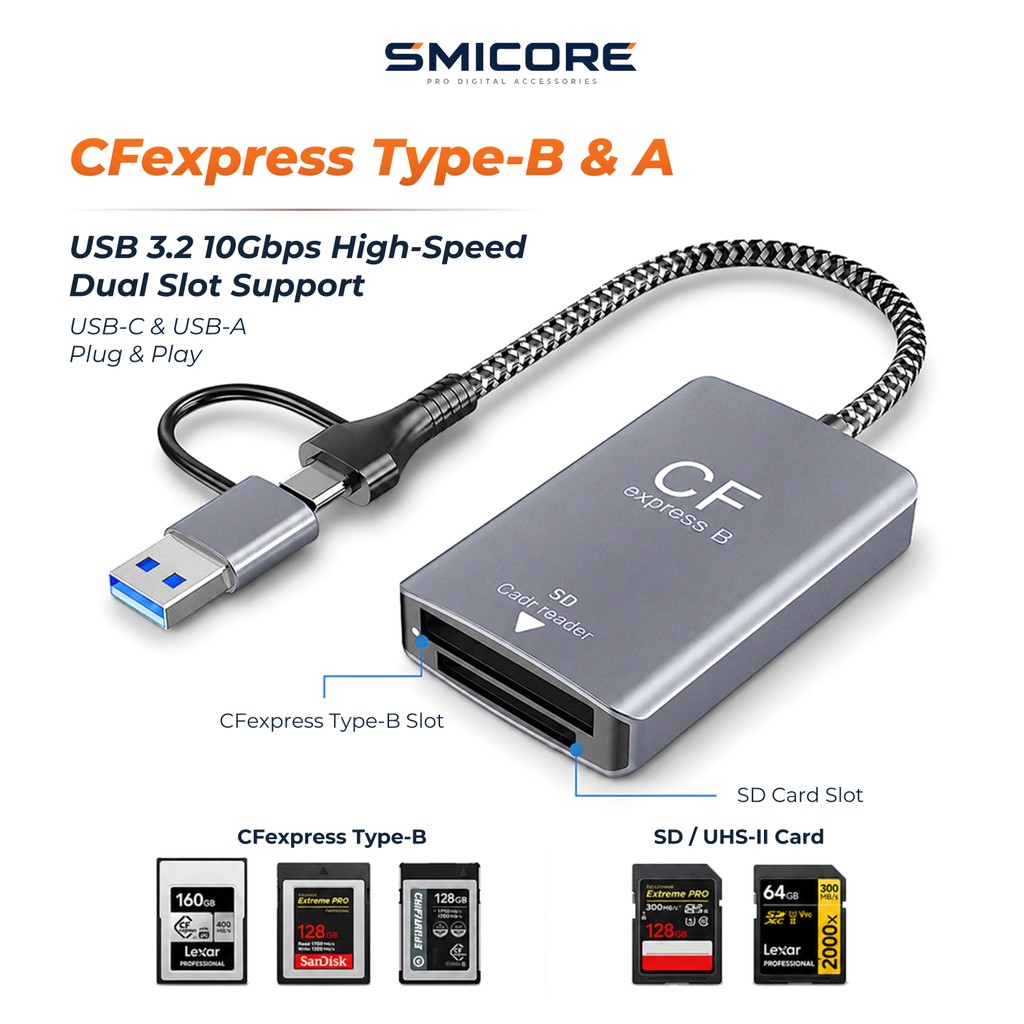 เครื่องอ่านการ์ด CFexpress Type-B/A + SD 3.0 USB3.2 10Gbps รองรับ 4K/8K RAW สำหรับกล้อง Nikon Canon 