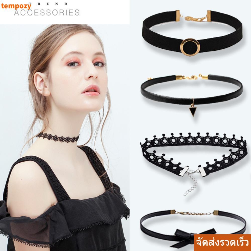 TEMPOZY Choker สร้อยคอลูกไม้สีดํา แฟชั่นที่น่าสนใจ Punk Style ส่วนบุคคล Elegant Claviular Chain ผู้หญิง