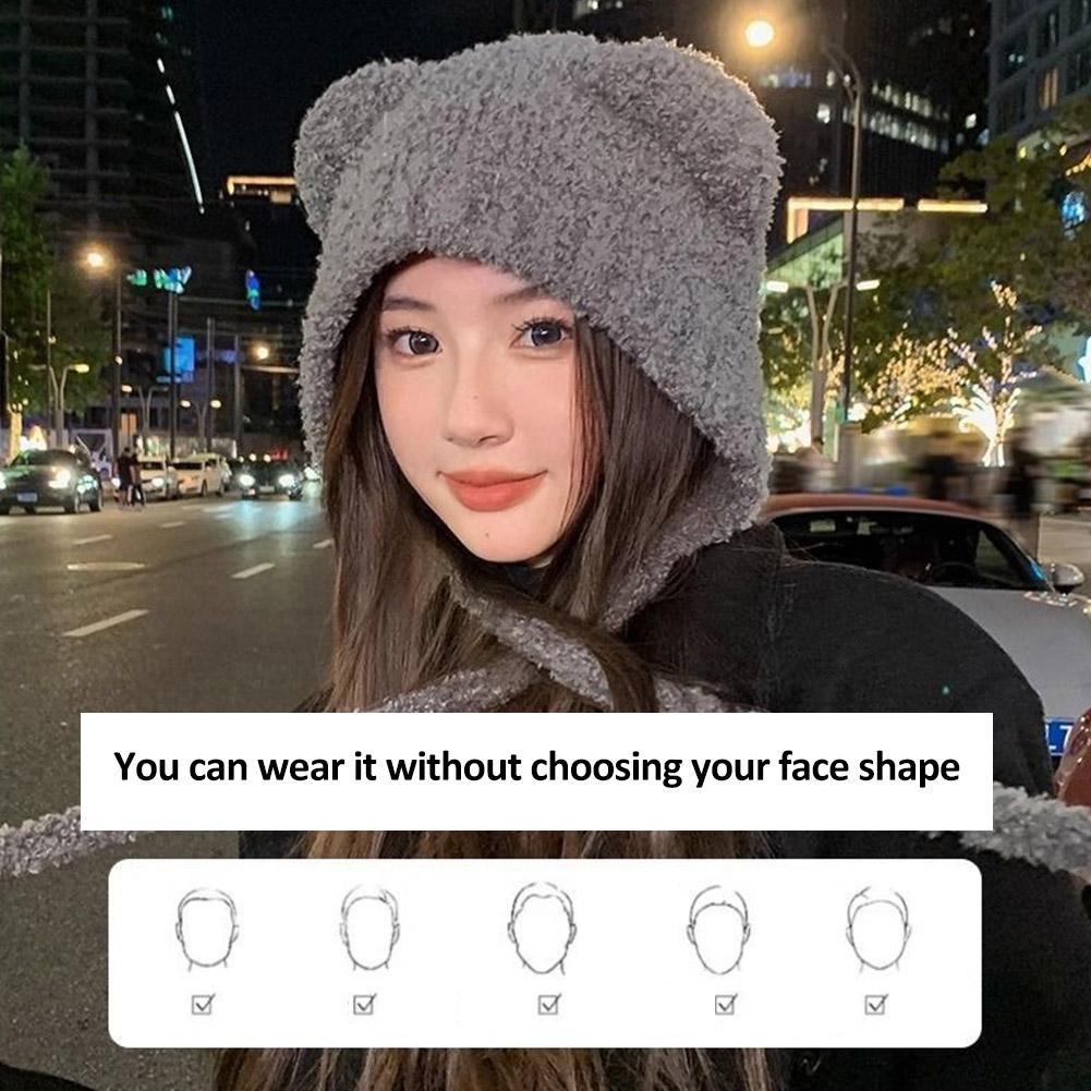 ฤดูหนาว Plush Beanies . น่ารักหมีหูหมวกขนสัตว์, Warm Lace-up ถักหมวกสําหรับผู้หญิง, Bonnets, T4l8