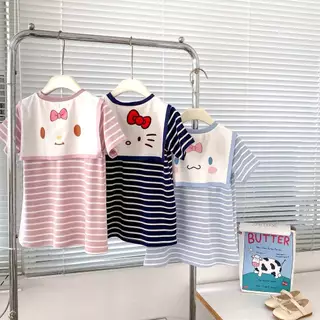 ชุดเดรสเสื้อยืดลายทางคอปก ลายการ์ตูนน่ารัก สวมใส่สบาย สำหรับเด็กผู้หญิง🍇